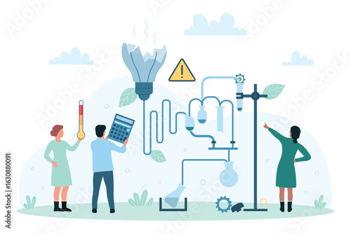 Failed laboratory experiment and science research, bad idea vector illustration. Cartoon tiny scientists break light bulb of scientific lab equipment, broken lamp, mistake and failure of chemists