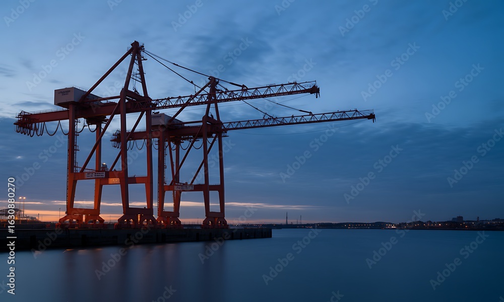 Fototapeta premium Large industrial shipping cranes on dock at dusk over calm water with sky