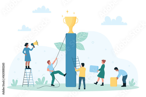 Business challenge, success progress in career vector illustration. Cartoon tiny people climb column with golden cup of champion at top, opportunity and ambition growth for team of office employees
