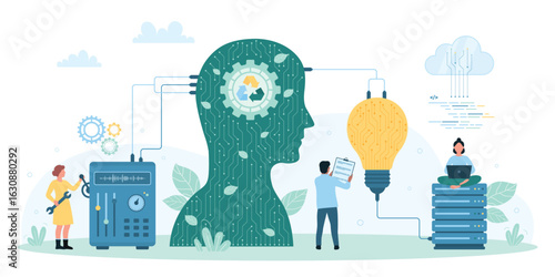 Eco ideas, innovation and green technology to save ecology and environment vector illustration. Cartoon tiny people connect light bulb, brain of human head and tech equipment in creative circuit