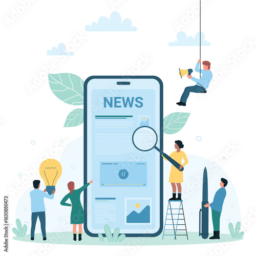 Online news mobile app vector illustration. Cartoon tiny people read live publication and articles in newspaper, newsletter information and blog post via phone, holding magnifying glass and light bulb