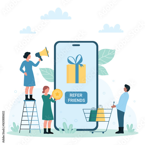 Referral program for customers, advertisement vector illustration. Cartoon tiny people refer, tag and invite friends to follow in social media, share gift rewards and bonus on screen of mobile phone