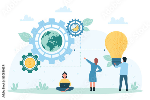 Global financial idea development organization vector illustration. Cartoon tiny people connect bright light bulb to gears with globe, money and clock inside, international trade support by employees