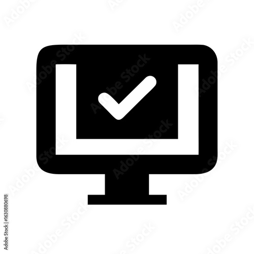 Computer screen with check mark icon symbol for completed task or approved online application success design