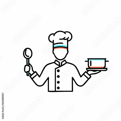 Chef Holding a Spoon and Pot Signifying Culinary Expertise for Food Blogs, Cooking Classes, Recipe Websites, and Culinary Education Resources  