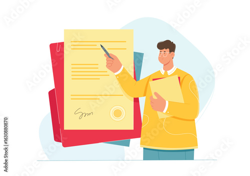 Signature for contract, license or agreement vector illustration. Cartoon tiny man holding pen to sign and approve official legal paper document of business deal, insurance form in notary office