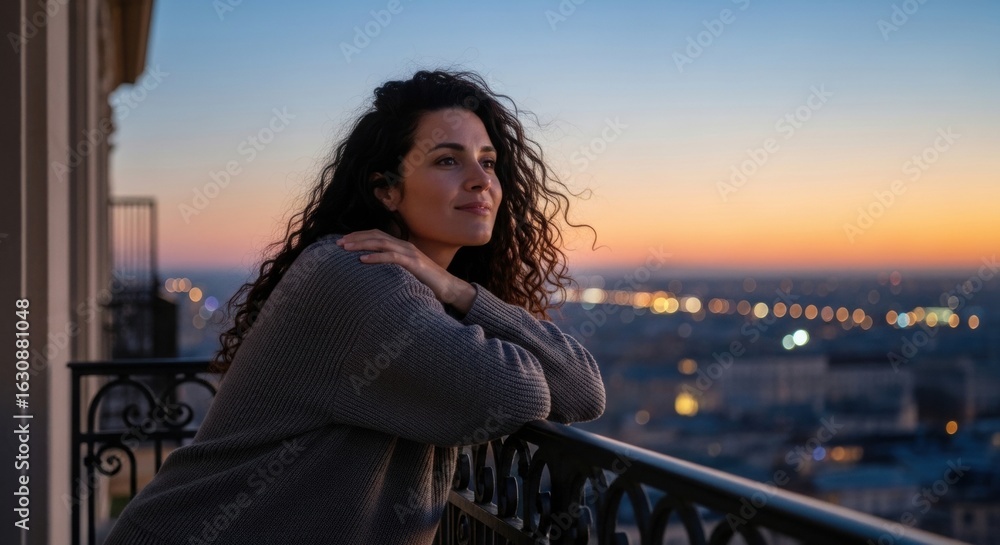 Fototapeta premium Woman enjoying sunset view from balcony apartment lifestyle travel vacation relaxation calm evening scene