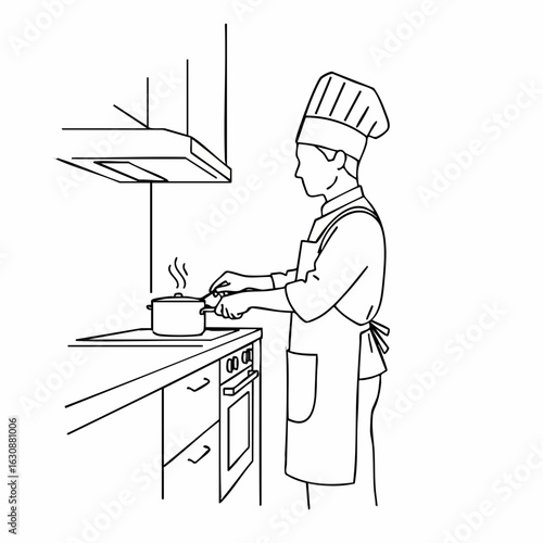 Chef Cooking on Stove with Steam Rising in Modern Kitchen for Culinary Blogs, Recipe Websites, Cooking Classes, Food Education, and Kitchen Design Awareness  