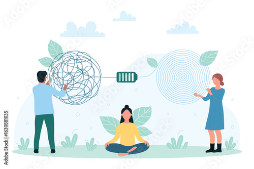 Psychology, help and therapy for mental health of patient vector illustration. Cartoon tiny people psychologists unravel tangle of problems and chaos in thoughts of woman with depression and anxiety