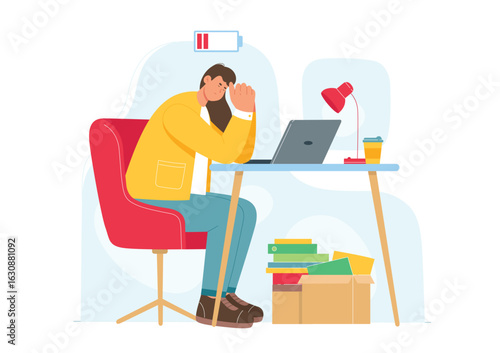 Stress and work burnout of tired employee vector illustration. Cartoon exhausted office worker character with low energy in battery sitting with laptop at desk, overworked person with health problem