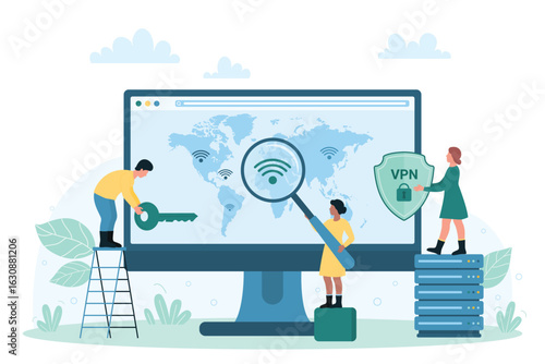VPN service vector illustration. Cartoon tiny people holding magnifying glass to search safe proxy server on virtual world map on computer monitor, IP connection security and privacy of access