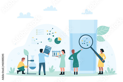 Water laboratory research vector illustration. Cartoon tiny scientists looking through magnifying glass at molecule for analysis, studying result of experiment and analyzing tubes with samples