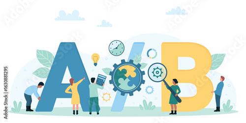 A B split test vector illustration. Cartoon tiny people compare two results, users study and choose best choice with magnifying glass and calculator. Comparison, optimization, analytics concept