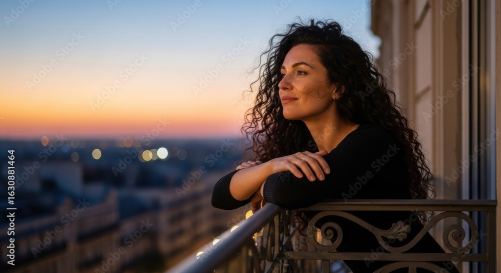 Fototapeta premium Woman on balcony at sunset: hotel view, curly hair, evening light, peaceful, contemplative, travel destination