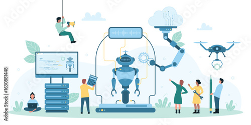 Science robot building technology vector illustration. Cartoon tiny people making cyborg with AI, hardware and programs, engineers programming bot, working with smart machines integration on project