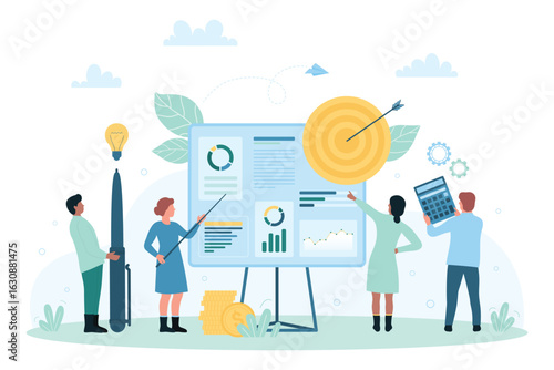 Business presentation and marketing analysis by office team vector illustration. Cartoon tiny people work with pen, calculator and charts on board, characters training with corporate statistics