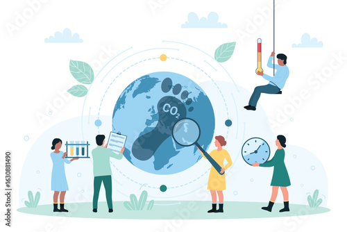 Carbon footprint effect analysis, environmental pollution with CO2 vector illustration. Cartoon tiny people analyze impact of greenhouse gas on environment and global eco balance of planet nature