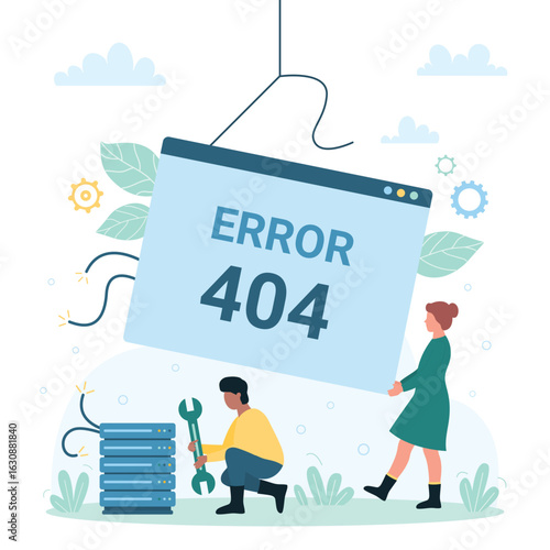 404 error, web page not found vector illustration. Cartoon tiny people holding wrench maintenance tool to repair problem of server software or network and alert browser message with 404 error