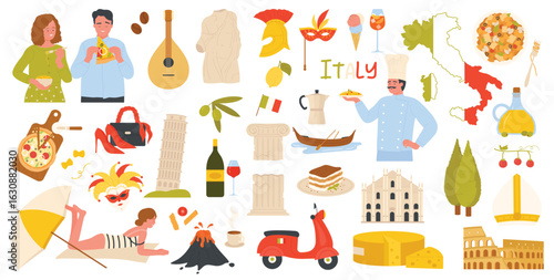 Travel to Italy set vector illustration. Cartoon isolated Italian symbols, landmarks and food collection with red wine bottle and pasta, pizza and gondola from Venice, tiramisu and carnival mask