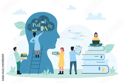 Knowledge and higher education vector illustration. Cartoon students study with books from bookshelf inside abstract human head, experience organization, idea and content management by tiny people