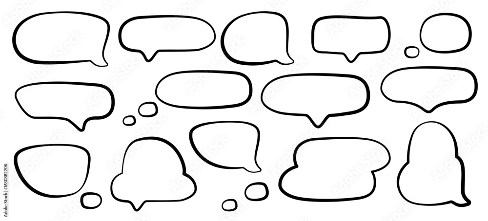 Fototapeta premium Set of hand drawn crayon speech bubbles. Dialog icons. Outline pencil doodle dialogue frames. Speech balloons. Black cloud shapes for text. Talk bubble symbols. Vector illustration