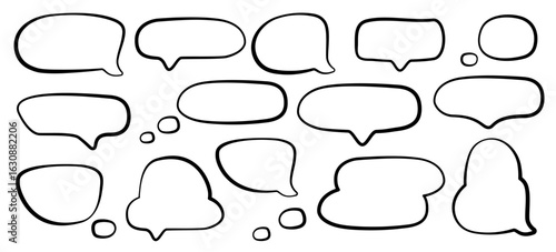 Set of hand drawn crayon speech bubbles. Dialog icons. Outline pencil doodle dialogue frames. Speech balloons. Black cloud shapes for text. Talk bubble symbols. Vector illustration