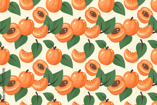 Fruit Seamless pattern. Apricot background. Summer design. Whole Apricot and half with pit inside, leaves. Fresh juicy apricot slices. Vector illustration for print, wallpaper, textile, food industry
