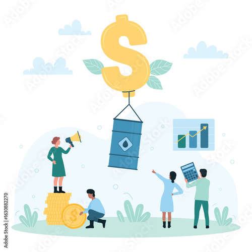 Oil price growth vector illustration. Cartoon tiny people standing on pile of money coins, gold dollar balloon rising barrel high, global increase and management of crude oil cost in stock market