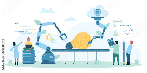 Project development vector illustration. Cartoon tiny people and robot arms make bright light bulb on factory conveyor belt, characters work for idea improvement with laptop, calculator and pencil