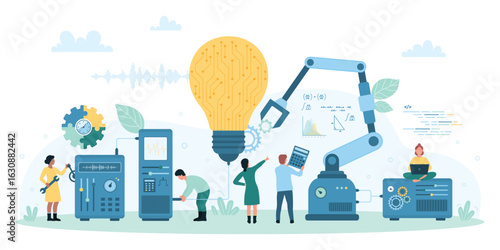Project development, improvement of ideas and innovations vector illustration. Cartoon tiny people control robot arms to make bright light bulb, work with laboratory equipment, laptop and tools