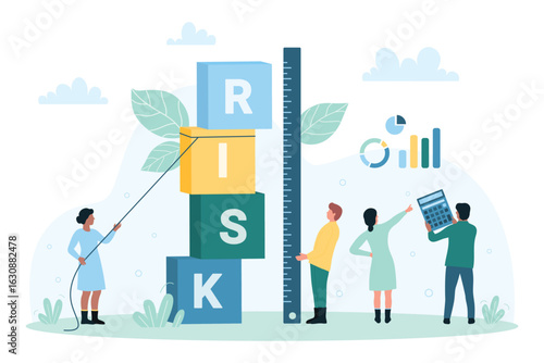 Risk management, control and measurement vector illustration. Cartoon tiny people measure financial risk with ruler, calculator and charts to research profit of investment and analysis of stock market