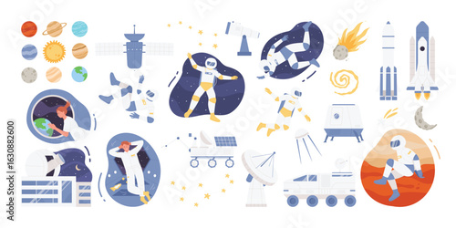 Space discovery set vector illustration. Cartoon isolated man and woman astronaut characters in spacesuits fly and explore solar system planets, space station and rockets on universe background