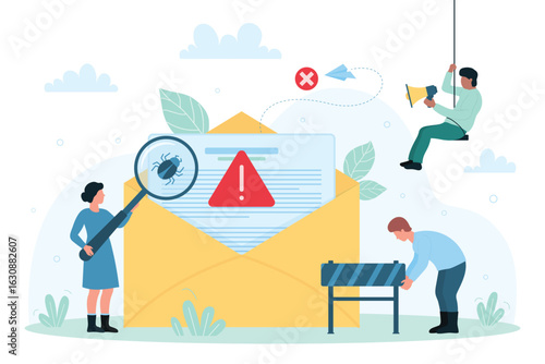 Cybersecurity, electronic correspondence protection vector illustration. Cartoon tiny people put up spam barrier, holding magnifying glass to see bug or virus in email messages with alert notification