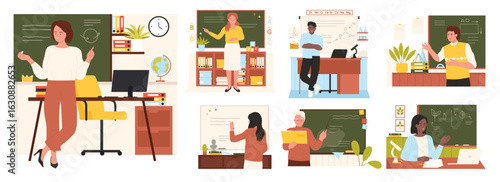 School teachers at blackboards set vector illustration. Cartoon adult female and male characters holding pointer and chalk to explain lesson in classroom and teach students, board presentation