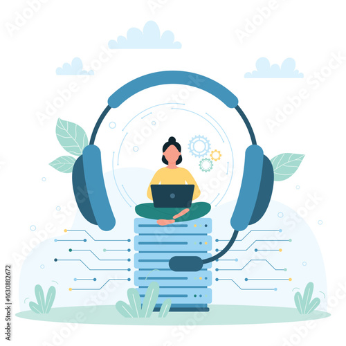 Customers support service vector illustration. Cartoon tiny woman sitting with laptop on computer equipment near big headphones, online tech advices from female operator of call center to clients