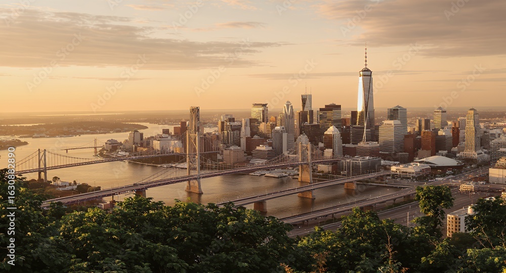 Fototapeta premium Panoramic View of a City Skyline at Sunset with Bridges