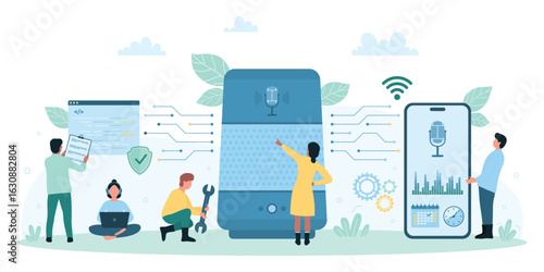 Voice assistant, electronic automation service vector illustration. Cartoon tiny people control smart virtual voice assistant by commands, using speakers, microphone app in phone and laptop software
