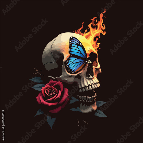 T Shirt Design A terrifying gothic illustration of a winged skull with a fiery tattoo, surrounded by roses and a crown, perfect for a horror-themed design
