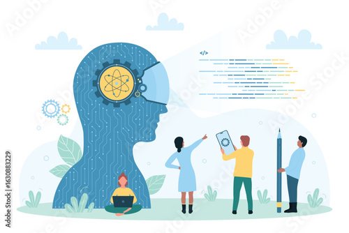 Artificial intelligence vector illustration. Cartoon tiny people work with smart AI brain in silhouette of abstract human head with digital device, neuro vision and thinking of cyber intellect