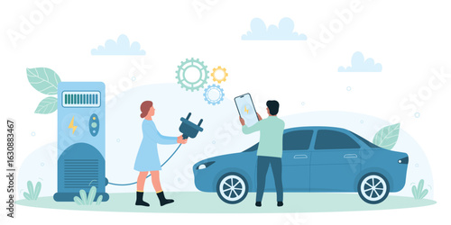 Charging station for electric car, electromobility and future innovation vector illustration. Cartoon tiny people holding charger plug and phone to charge battery of electro vehicle on parking