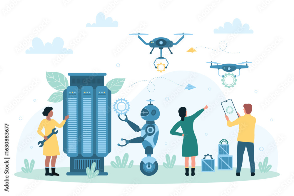 Naklejka premium Robot and people partnership, cooperation vector illustration. Cartoon tiny employees work together with robot on smart digital systems and computers, futuristic drones delivering gears to workers