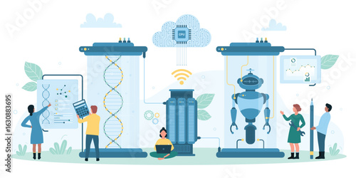 Science technology, innovation vector illustration. Cartoon tiny engineers work with biotech laboratory system for assembly and research of robots, DNA manipulation, development and engineering