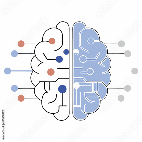Brain with activated areas, connected to AI technology.