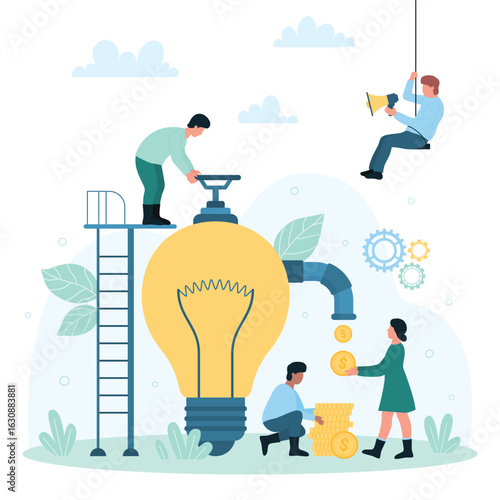 Business idea monetization vector illustration. Cartoon tiny people monetize creative project, characters making money, dollar coins flow through pipeline to pay for success invention of author
