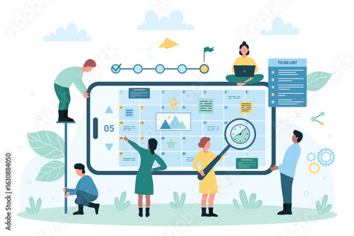 Business project planning online, strategy of time management vector illustration. Cartoon tiny people holding magnifying glass to plan and check daily events, appointments in planner app, to do list