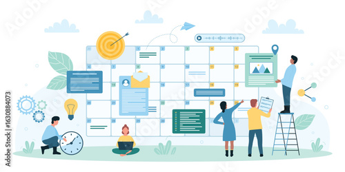 Business events organization, time management vector illustration. Cartoon busy tiny people organize daily tasks with schedule and calendar, employees work with reminder and notes in timetable