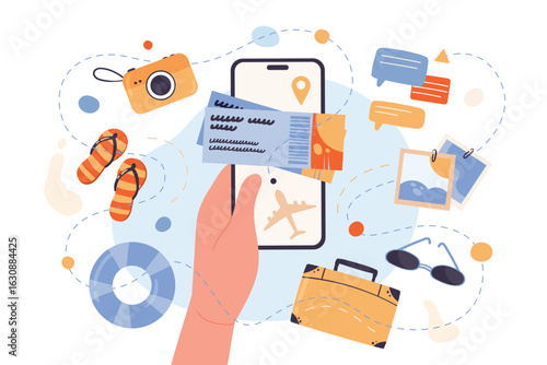 Online flight ticket reservation for travel vacation vector illustration. Cartoon hand holding mobile phone with airplane digital route and coupons for travel to beach resort in tropical island