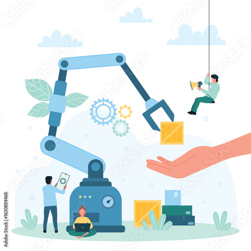 Warehouse automation process vector illustration. Cartoon tiny people work with robots for distribution, logistics and inventory of goods and packages, automated arms carry box to hand of supervisor