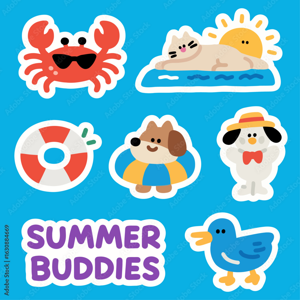 Obraz premium Summer Fun with Cute Animal Stickers Crab, Cat, Dog, Duck and More