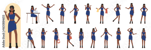 Cartoon stylish redhead woman fashionable trendy black clothes, model posing, standing and showing various gestures collection isolated. Young african american black girl poses vector illustration set